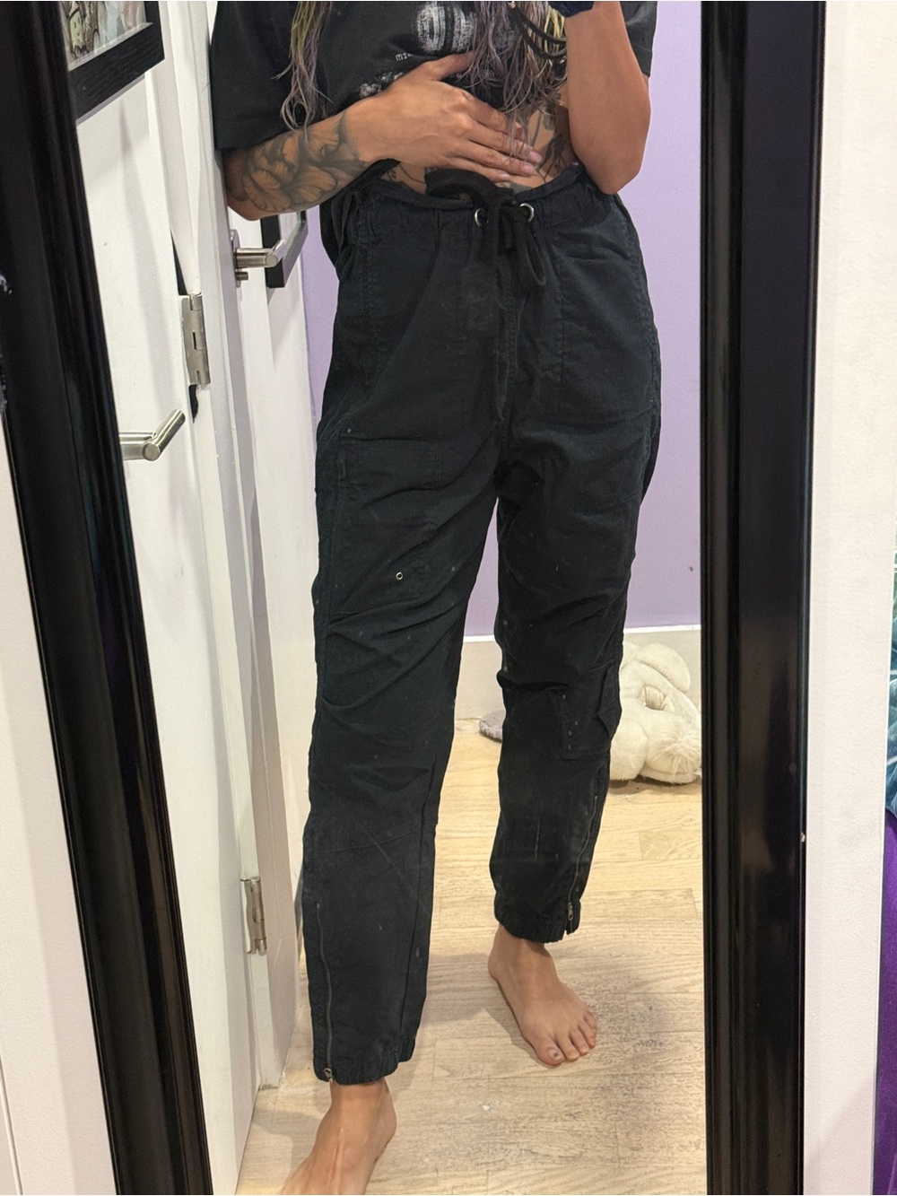 Free People Black Cargo Jogger Pants with Drawstring Waist